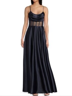 Next Up Navy Satin Illusion Corset Maxi Dress
